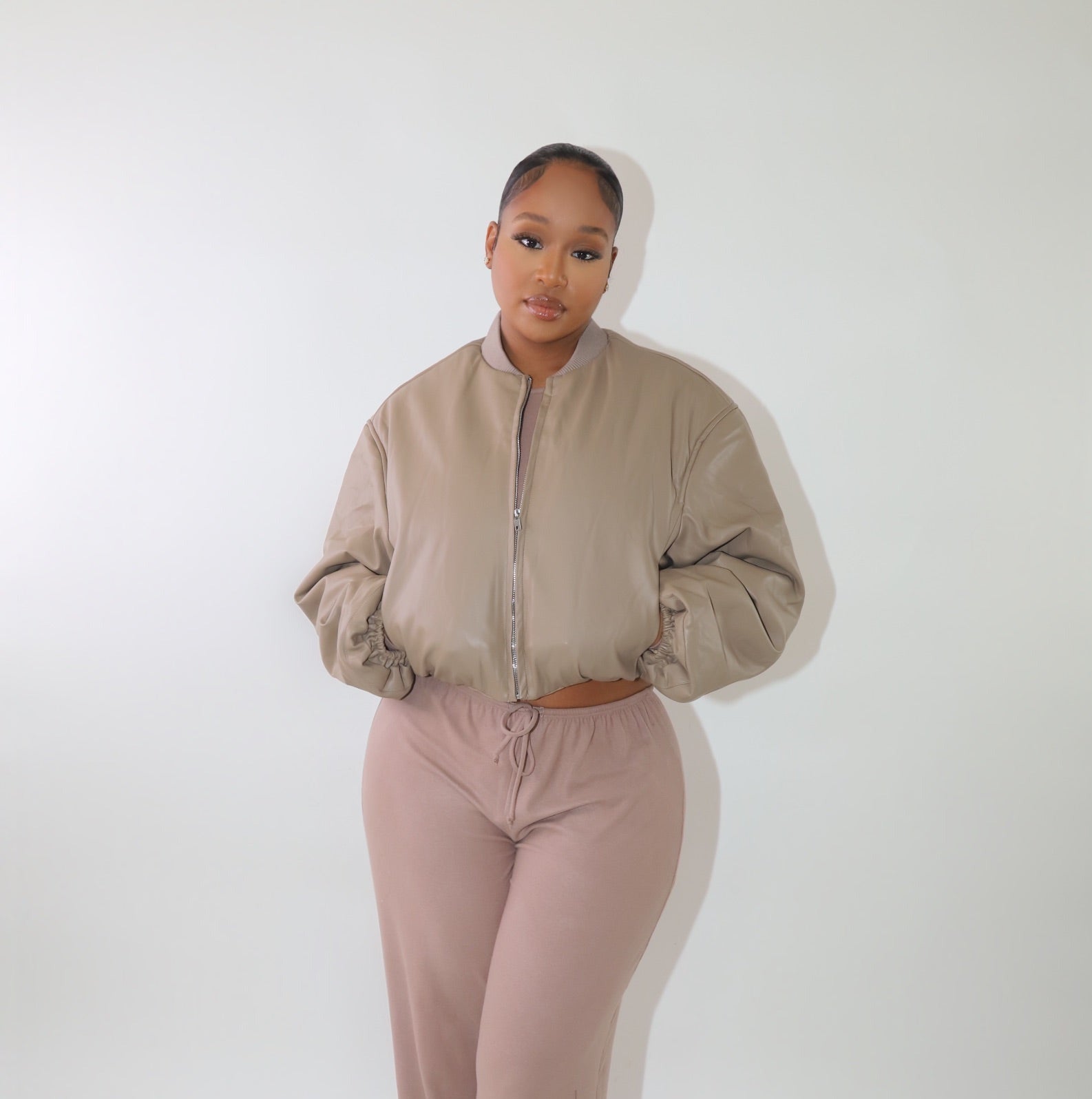 Oversized Taupe Faux Leather Puffer Jacket