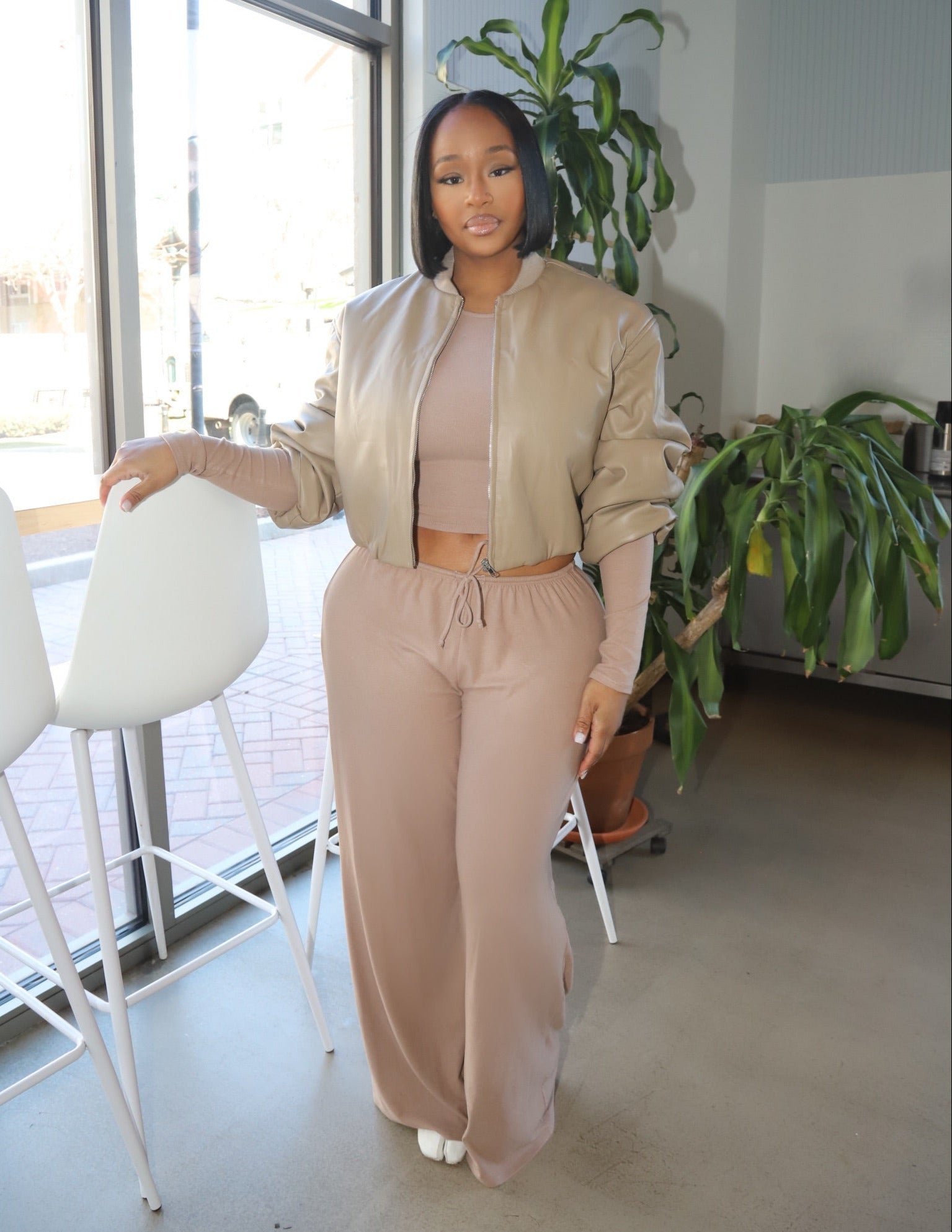 Oversized Taupe Faux Leather Puffer Jacket