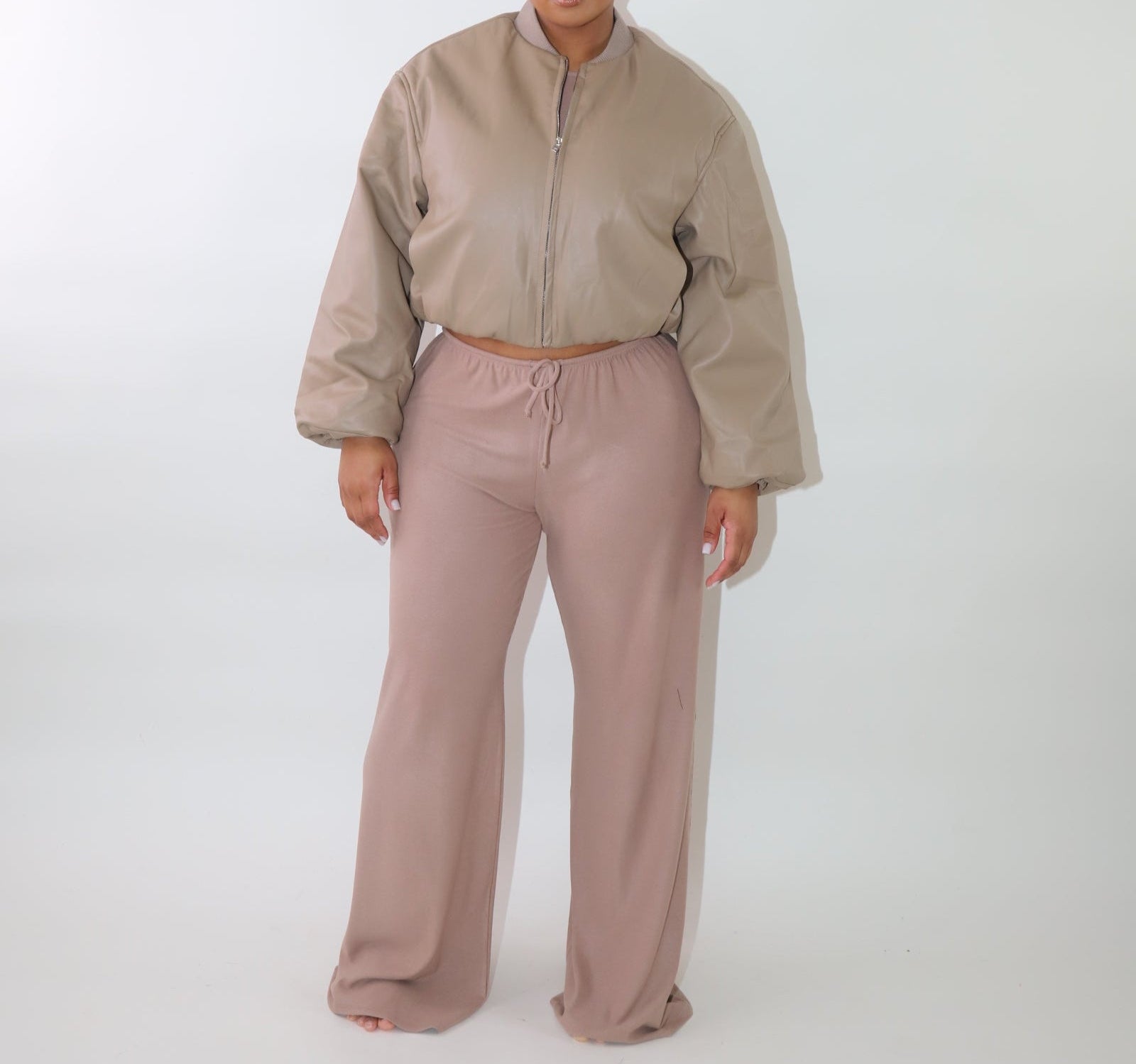 Oversized Taupe Faux Leather Puffer Jacket