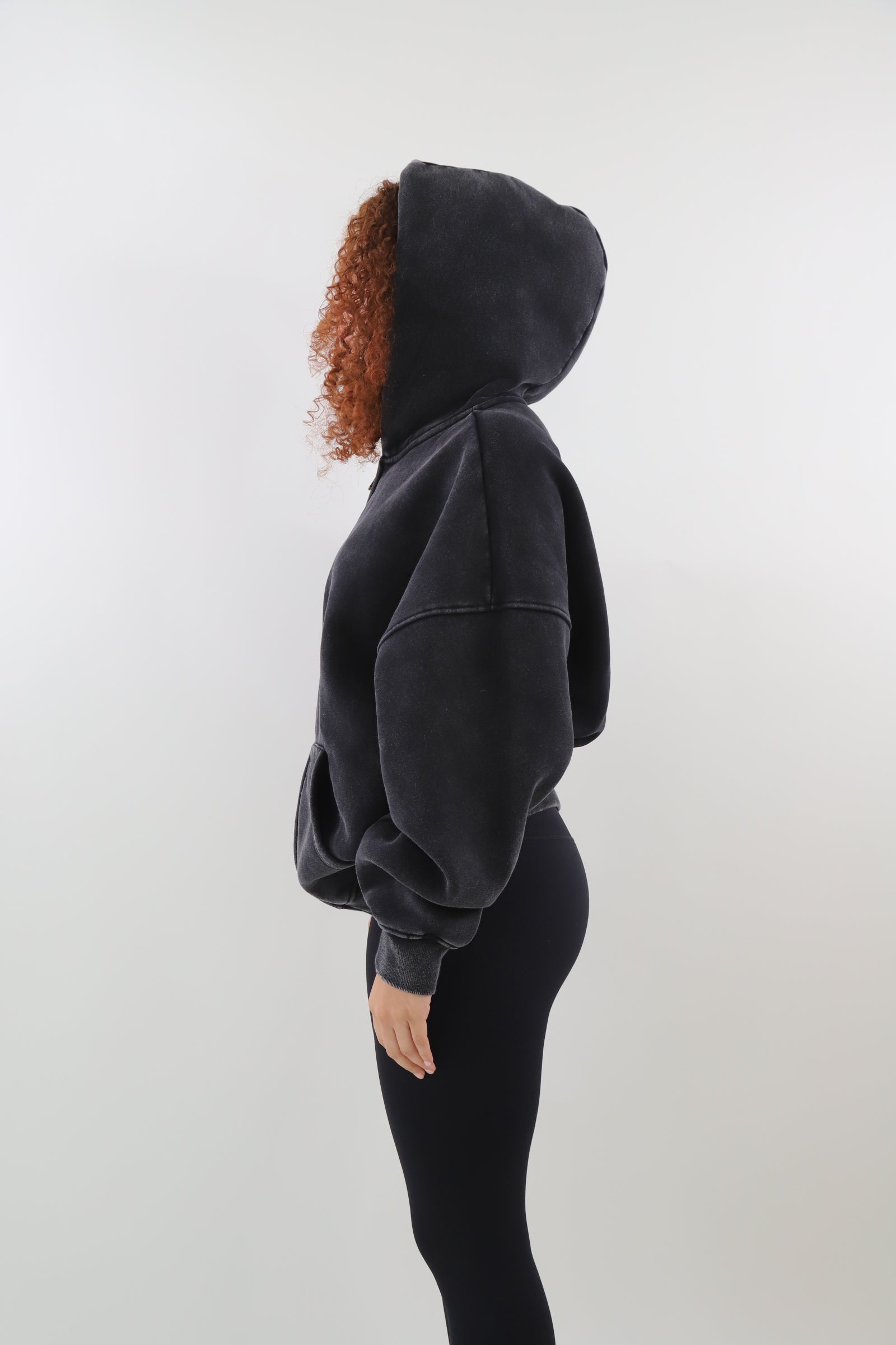 Washed Black Oversized Hoodie – relaxed fit for ultimate comfort – premium fleece interior for warmth – vintage-inspired faded black wash – zip-up front for versatile styling – perfect for casual, streetwear, or cozy days-unisex-can be worn with a dress-quality