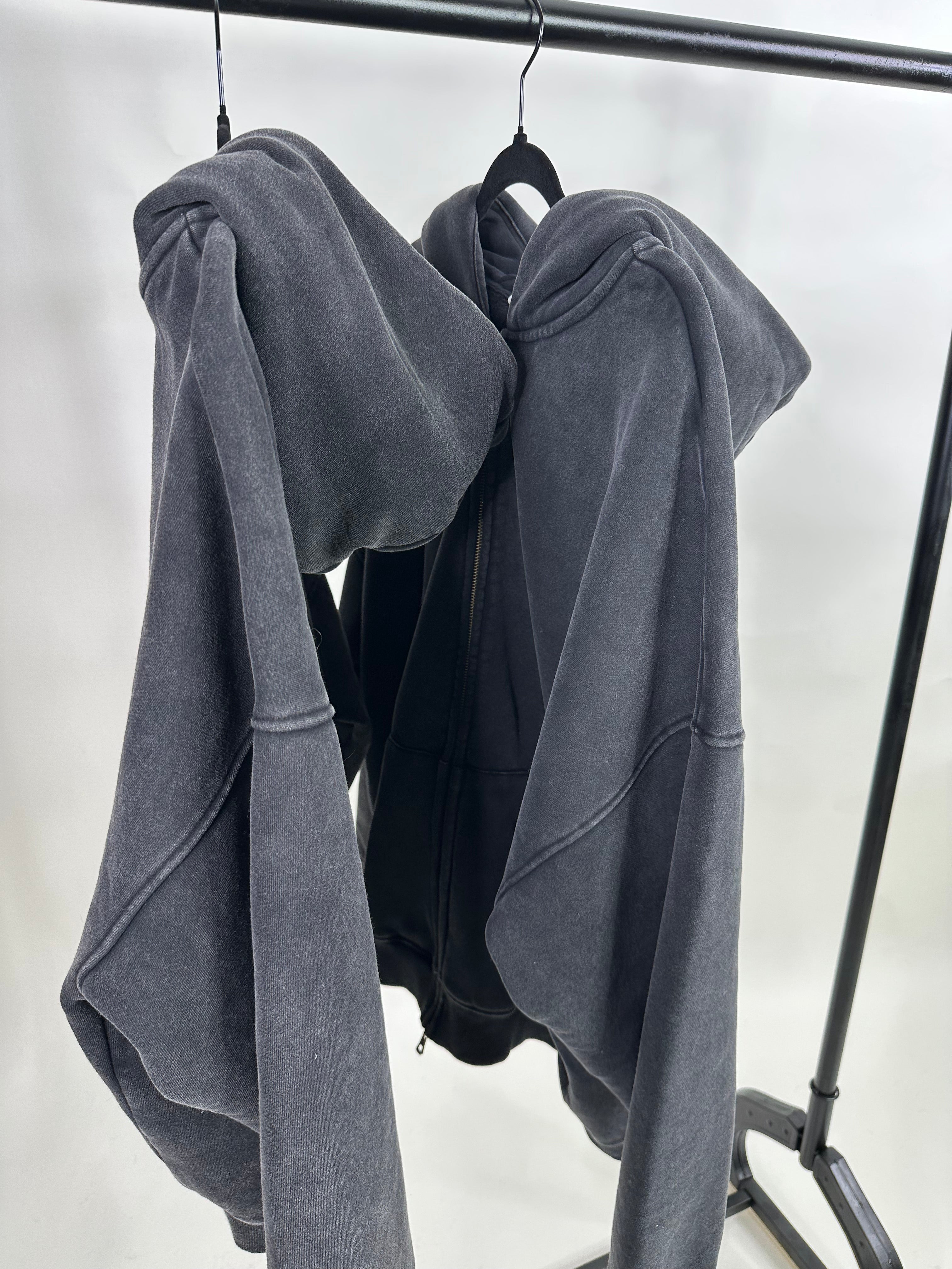 The Ultimate Cozy Hoodie – warm fleece lining for a snug feel – oversized, drop-shoulder fit – vintage wash black for a lived-in effect – full-zip front for easy styling – casual yet elevated essential-acid wash-black hoodie-zip up hoodie-black-date night-work from home